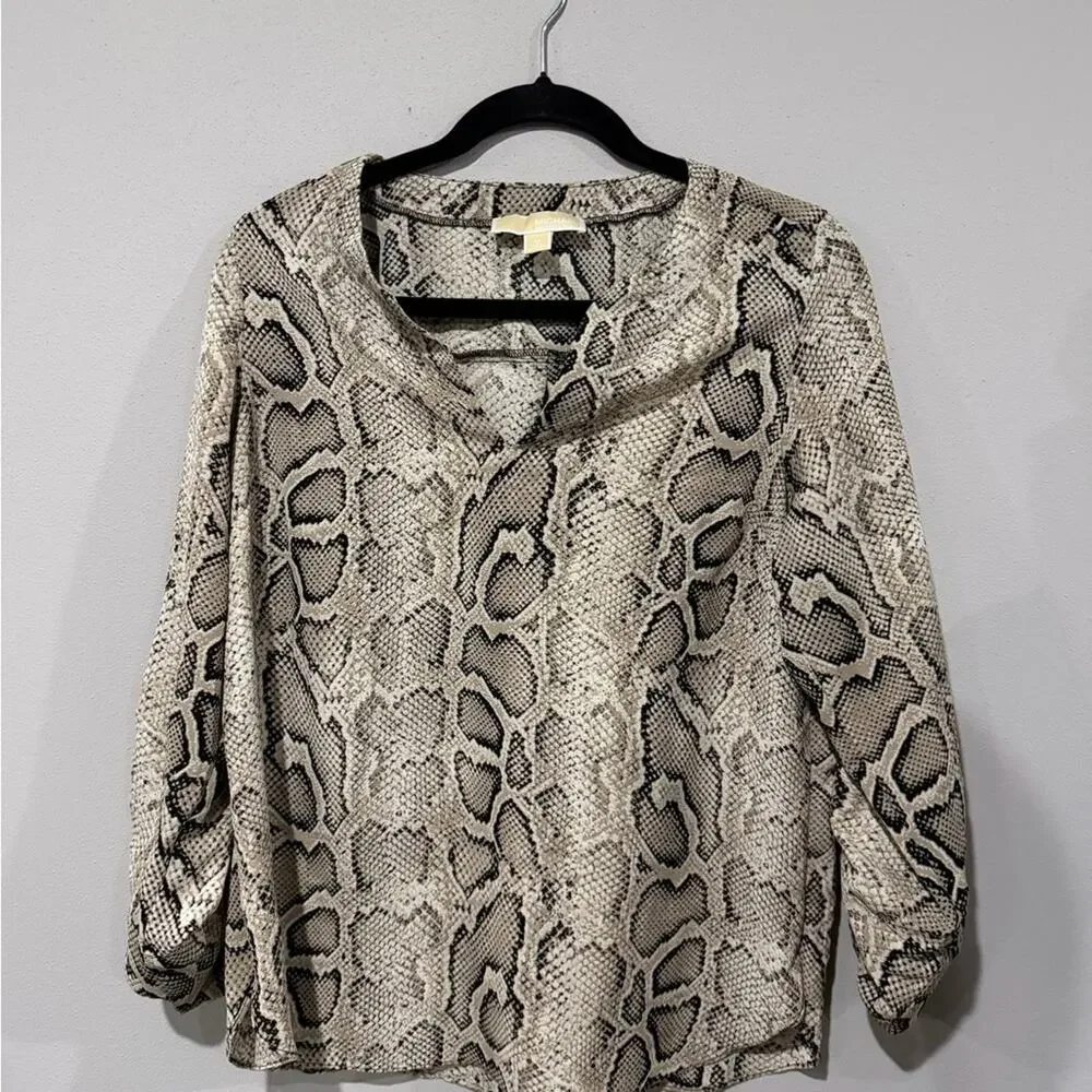 Michael Michael Kors Snakeskin V-Neck Roll-Tab Sleeve Blouse Size Medium